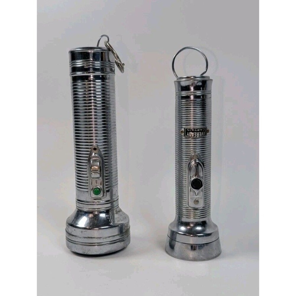 Vintage Eveready Captain & Elephant Brand Flashlights Lot 2 Metal Chrome Ribbed